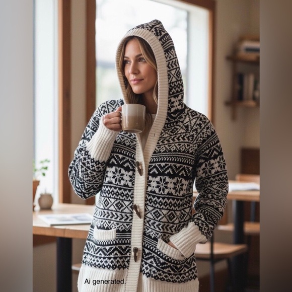 Avalanche Womens Size M Black White Fair Isle Hooded Toggle Cardigan Sweater - Picture 2 of 9